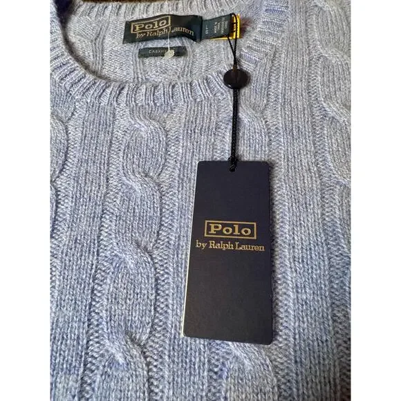POLO Ralph Lauren Cashmere Light Blue Cable Knit Pullover Sweater Men's L NWT!